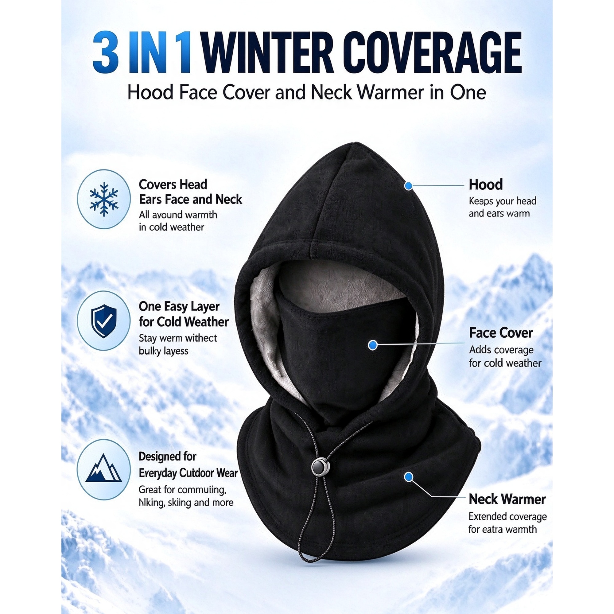 Ifchooseu - One-piece Flannel Warm Mask Hat, Outdoor Cycling Windproof And Cold Autumn And Winter Style, Warm Hat With Neck Mask