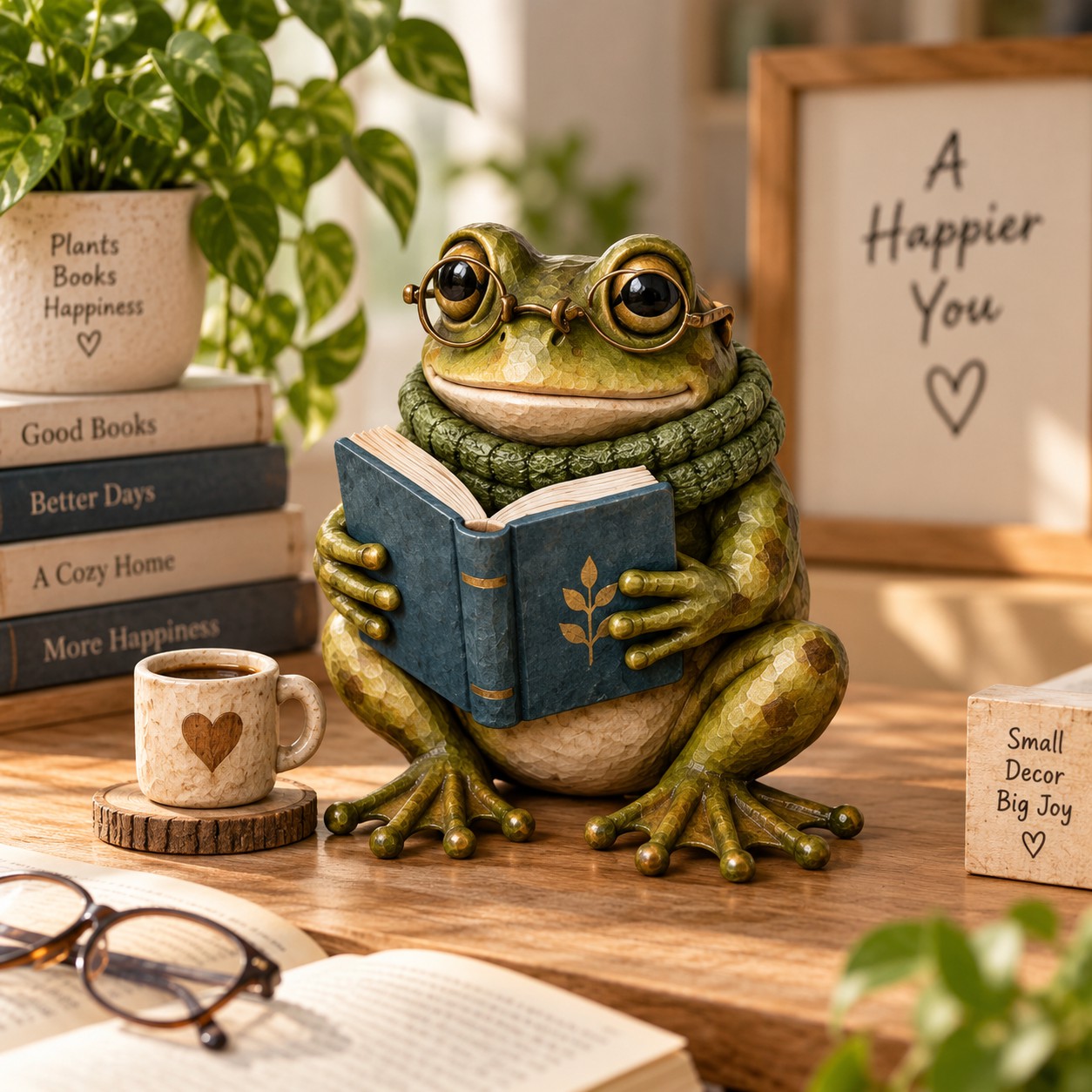 Frog Reading On Table Figurine Decorative Ornaments