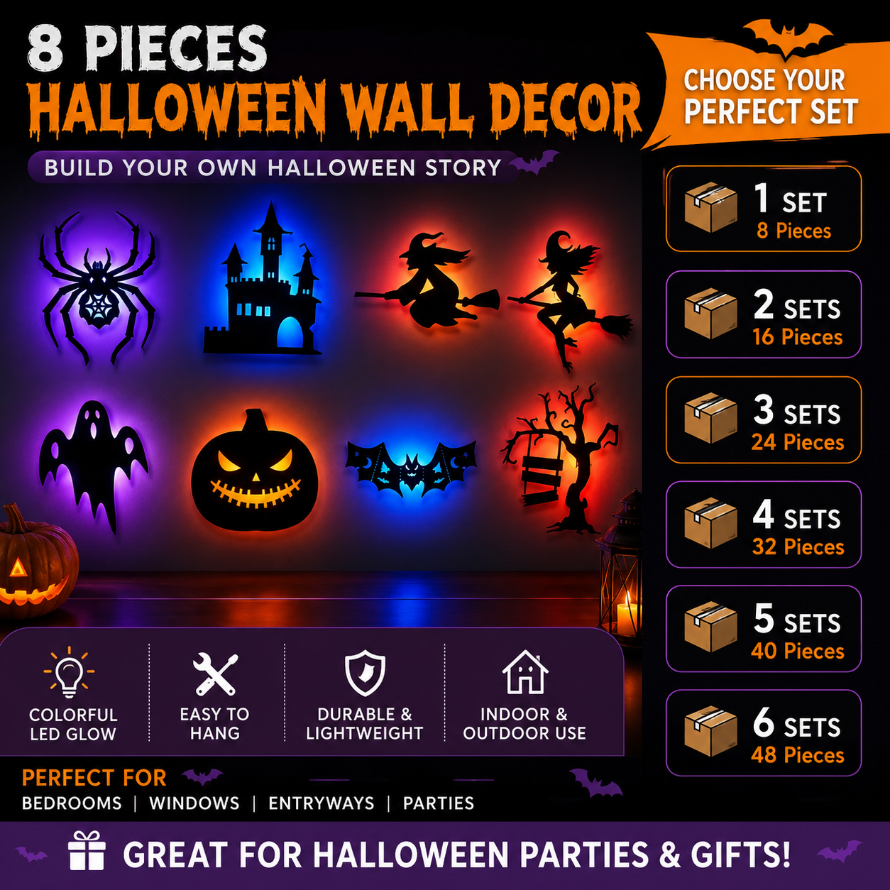3D Wall Decor LED Halloween Stickers Realistic PVC Scary Sticker with Colorful Light Double-Sided Adhesive DIY Wall Decal Halloween Decorations