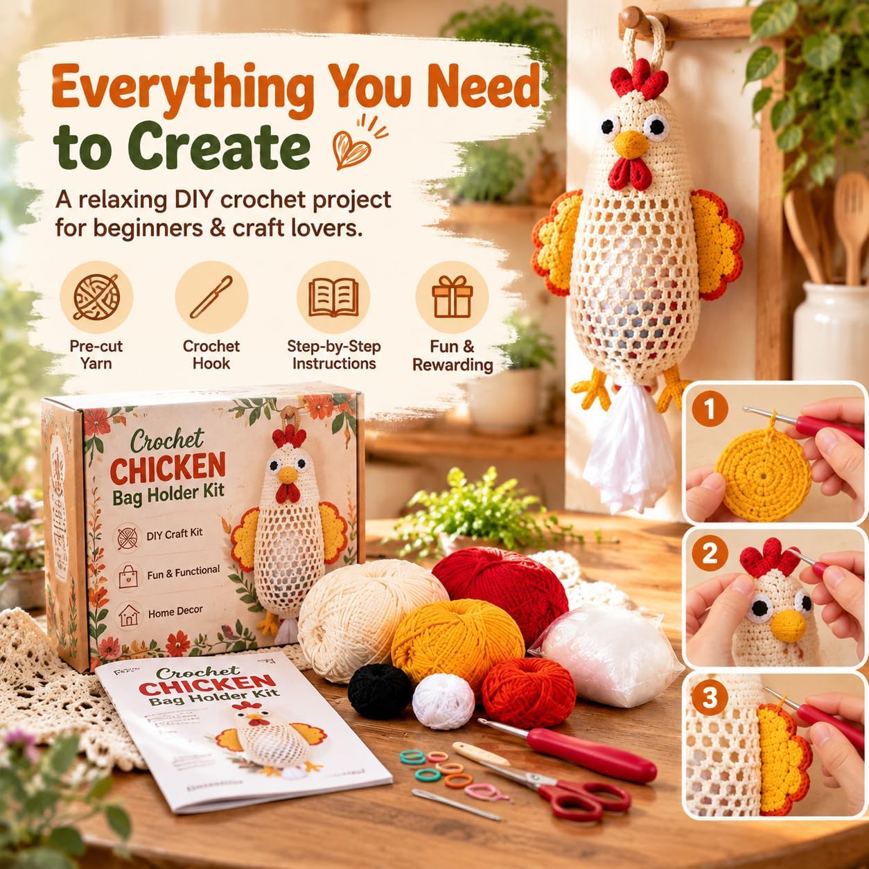 Ifchooseu - 🧶Crochet 🐔 Chicken Bag Holder DIY Kit – Cute & Functional Hanging Storage Craft Kit