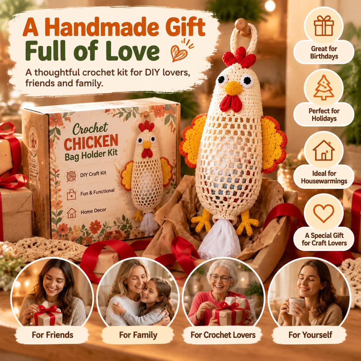 Ifchooseu - 🧶Crochet 🐔 Chicken Bag Holder DIY Kit – Cute & Functional Hanging Storage Craft Kit