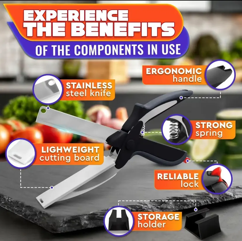 9.6" Cut Reach Durable 2-in-1 Kitchenware Heavy-Duty Scissors - Stainless Steel Blade, Plastic Cutting Board, Safety Lock, Easy-to-Use Tomato/Meat/Cheese Snip for Food Prep