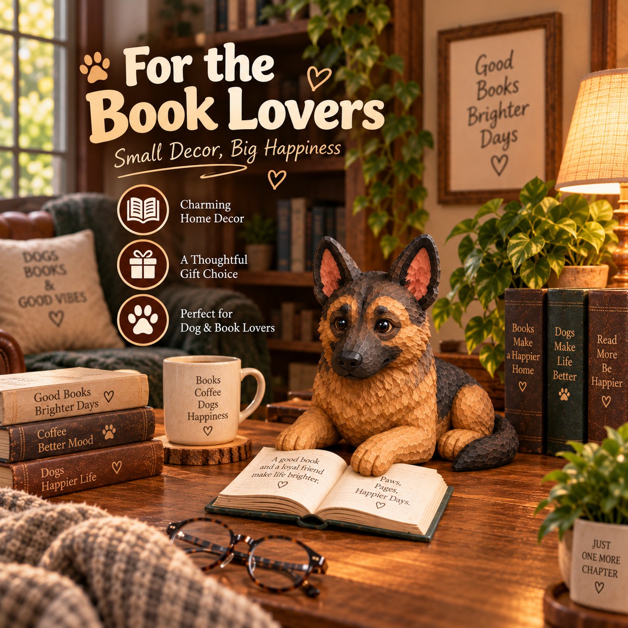 German Shepherd - Reading Dog Figurine Decorative Ornaments