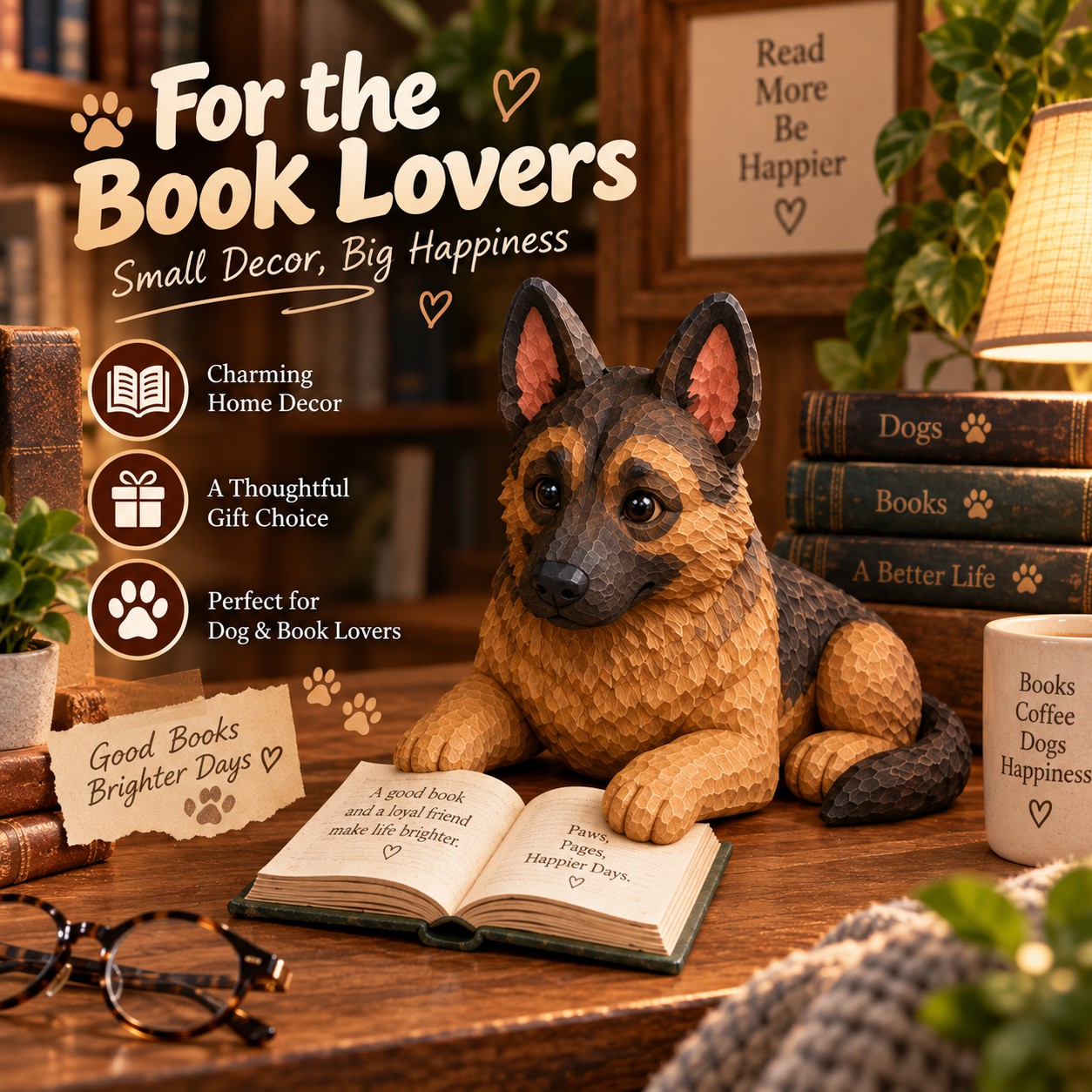 German Shepherd - Reading Dog Figurine Decorative Ornaments