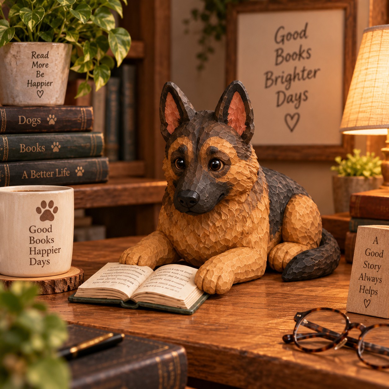 German Shepherd - Reading Dog Figurine Decorative Ornaments