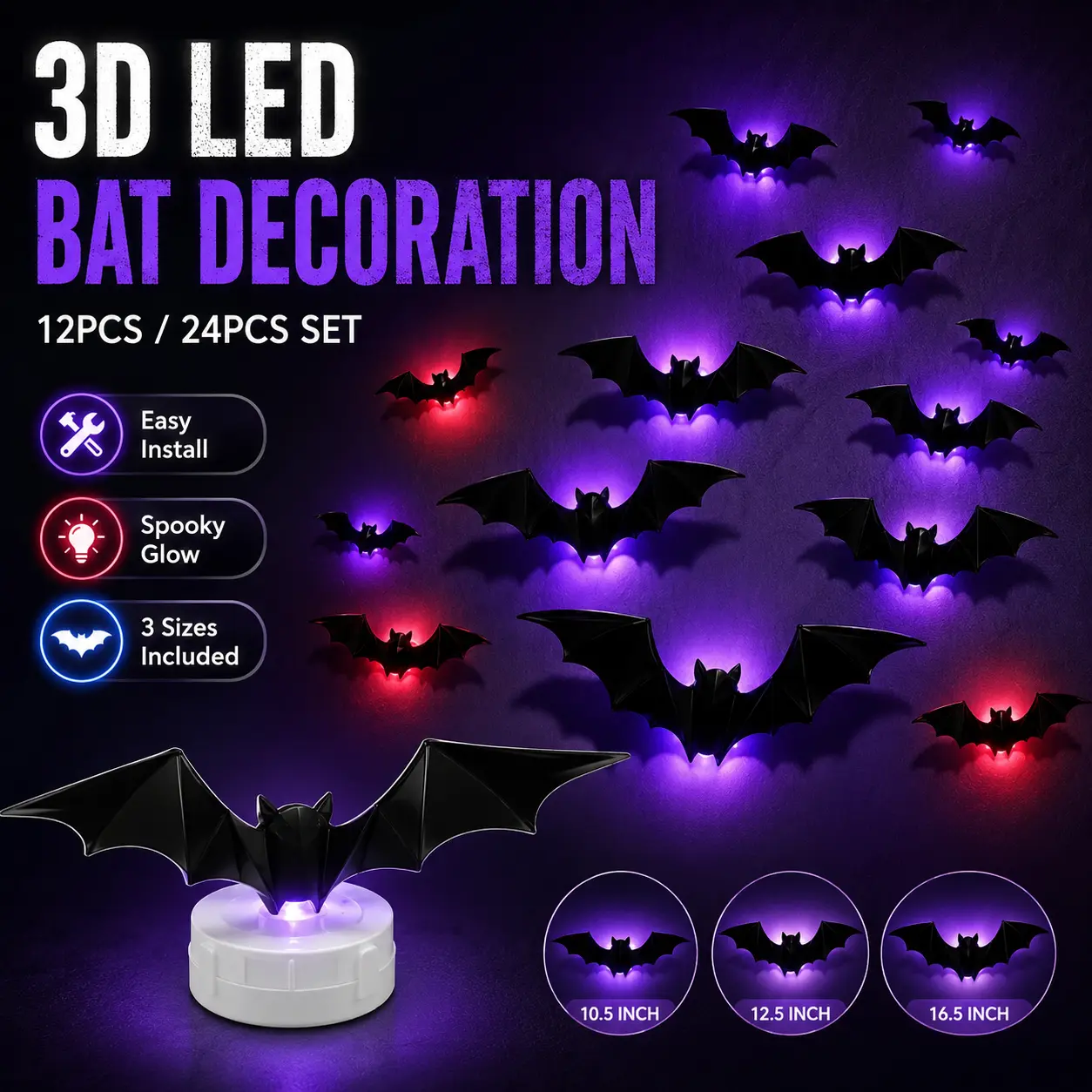 12/24/36/48/60PCS 3D Bats Wall Decor LED Halloween Stickers 5 Different Sizes Realistic PVC Scary Black Bat Sticker with Colorful Light Double-Sided Adhesive DIY Wall Decal Halloween Decorations