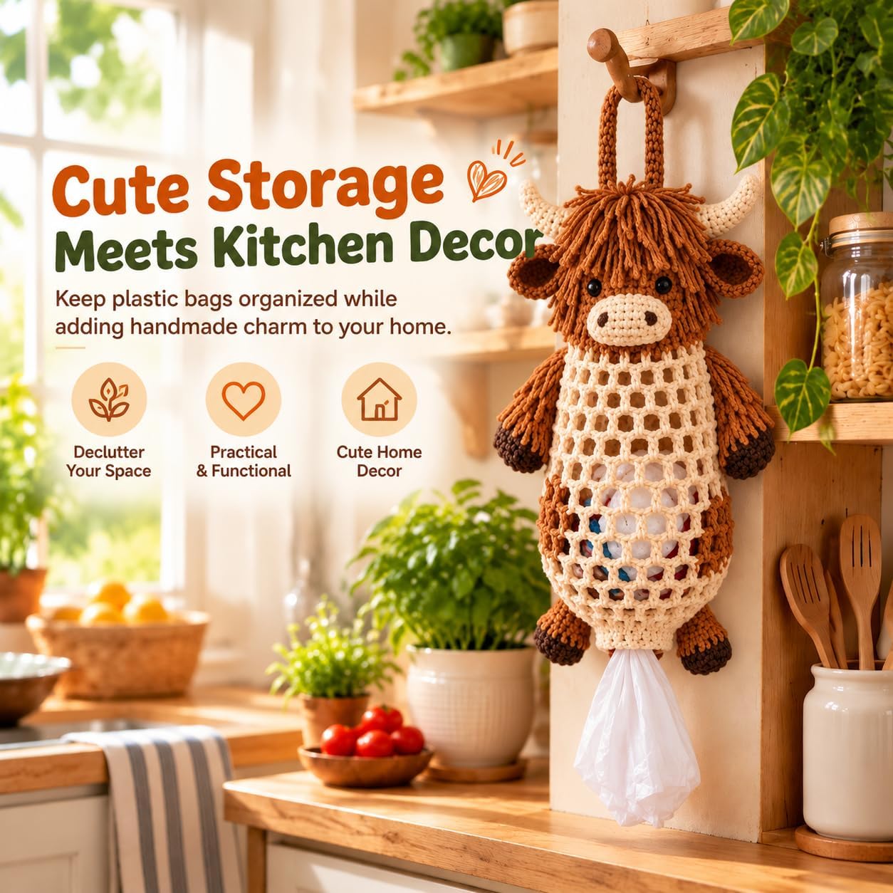 Ifchooseu - 🧶Crochet 🐮 Highland Cow Bag Holder DIY Kit – Cute & Functional Hanging Storage Craft Kit