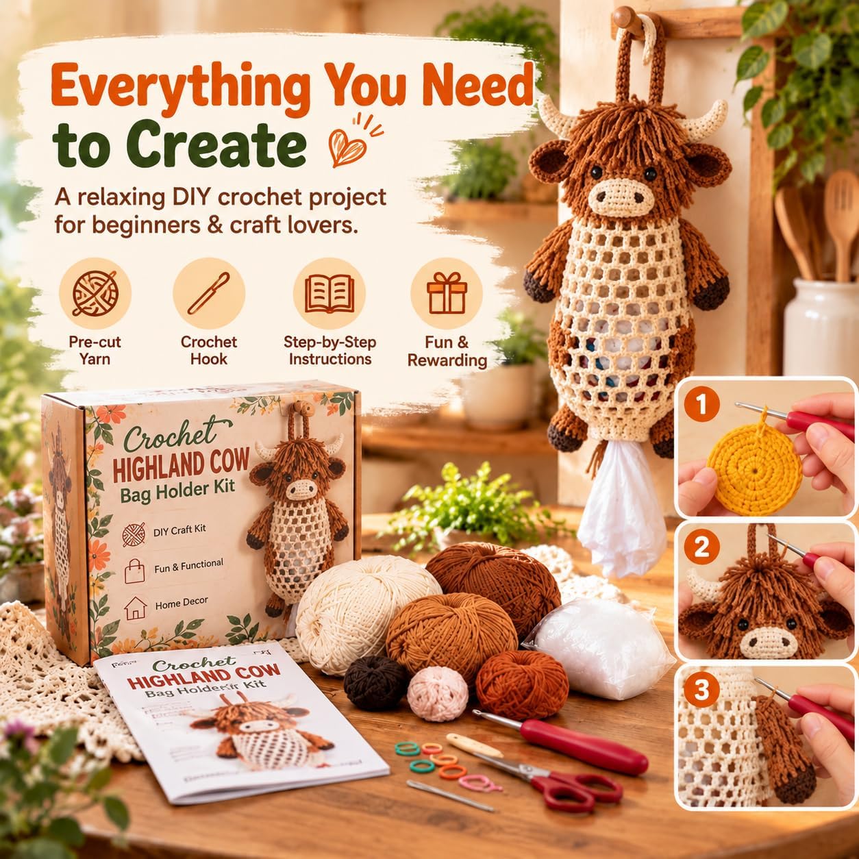 Ifchooseu - 🧶Crochet 🐮 Highland Cow Bag Holder DIY Kit – Cute & Functional Hanging Storage Craft Kit