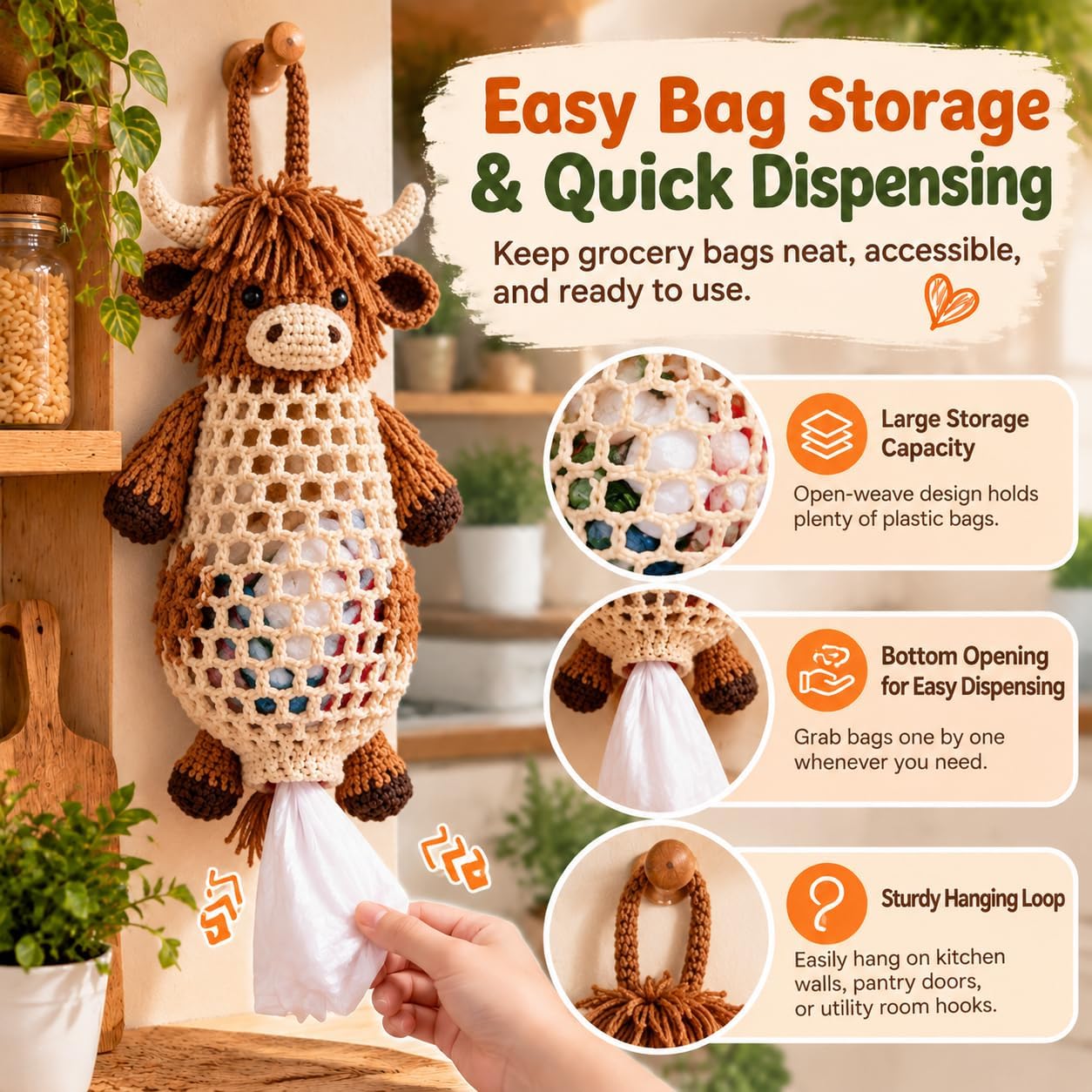 Ifchooseu - 🧶Crochet 🐮 Highland Cow Bag Holder DIY Kit – Cute & Functional Hanging Storage Craft Kit