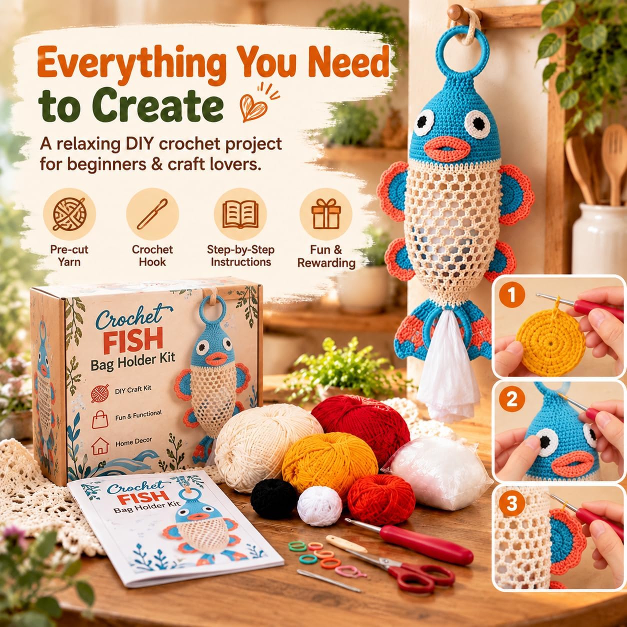 Ifchooseu - 🧶Crochet 🐟 Fish Bag Holder DIY Kit – Cute & Functional Hanging Storage Craft Kit