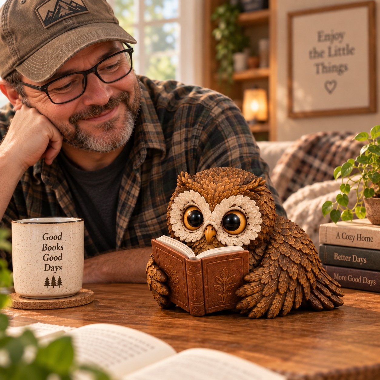 Lying Down Owl Reading Figurine Decorative Ornaments