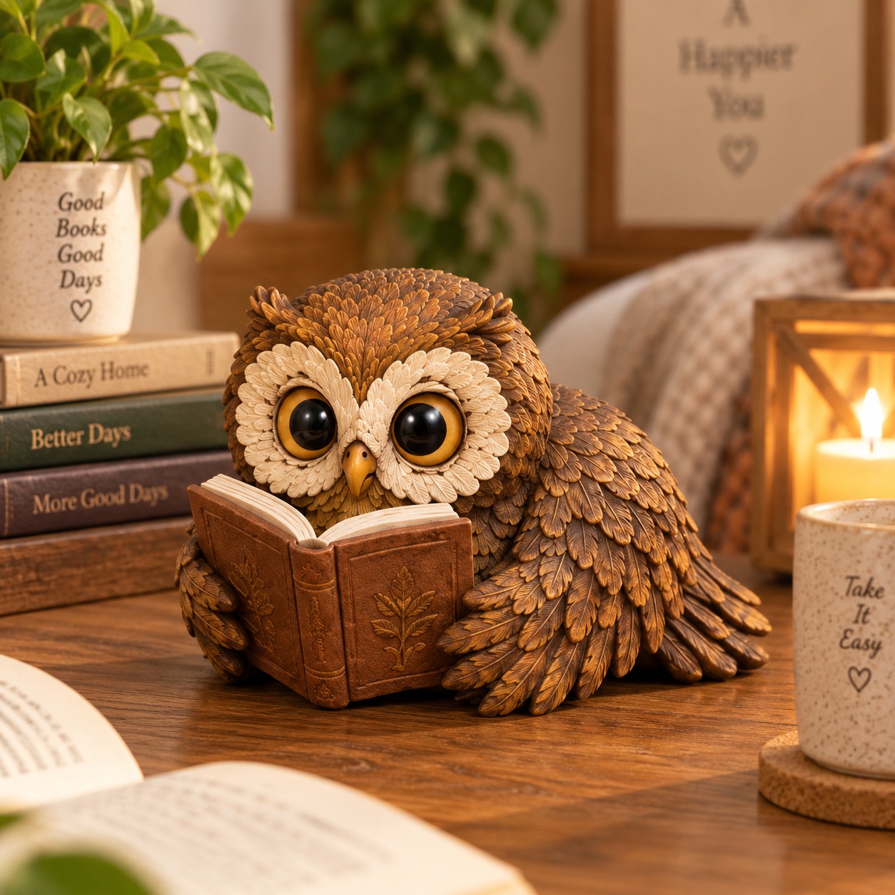 Lying Down Owl Reading Figurine Decorative Ornaments