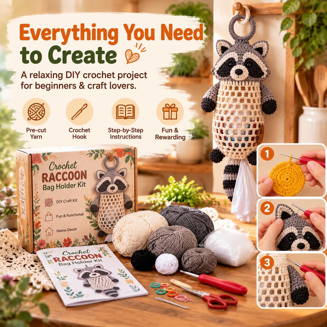 Ifchooseu - 🧶Crochet 🦝 Raccoon Bag Holder DIY Kit – Cute & Functional Hanging Storage Craft Kit