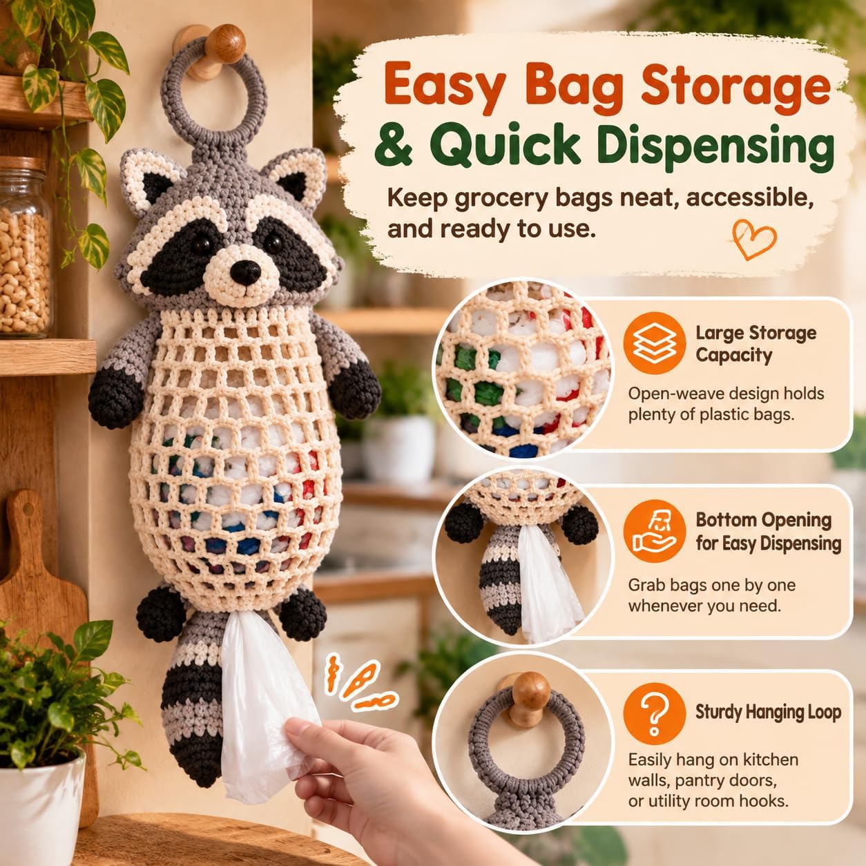 Ifchooseu - 🧶Crochet 🦝 Raccoon Bag Holder DIY Kit – Cute & Functional Hanging Storage Craft Kit