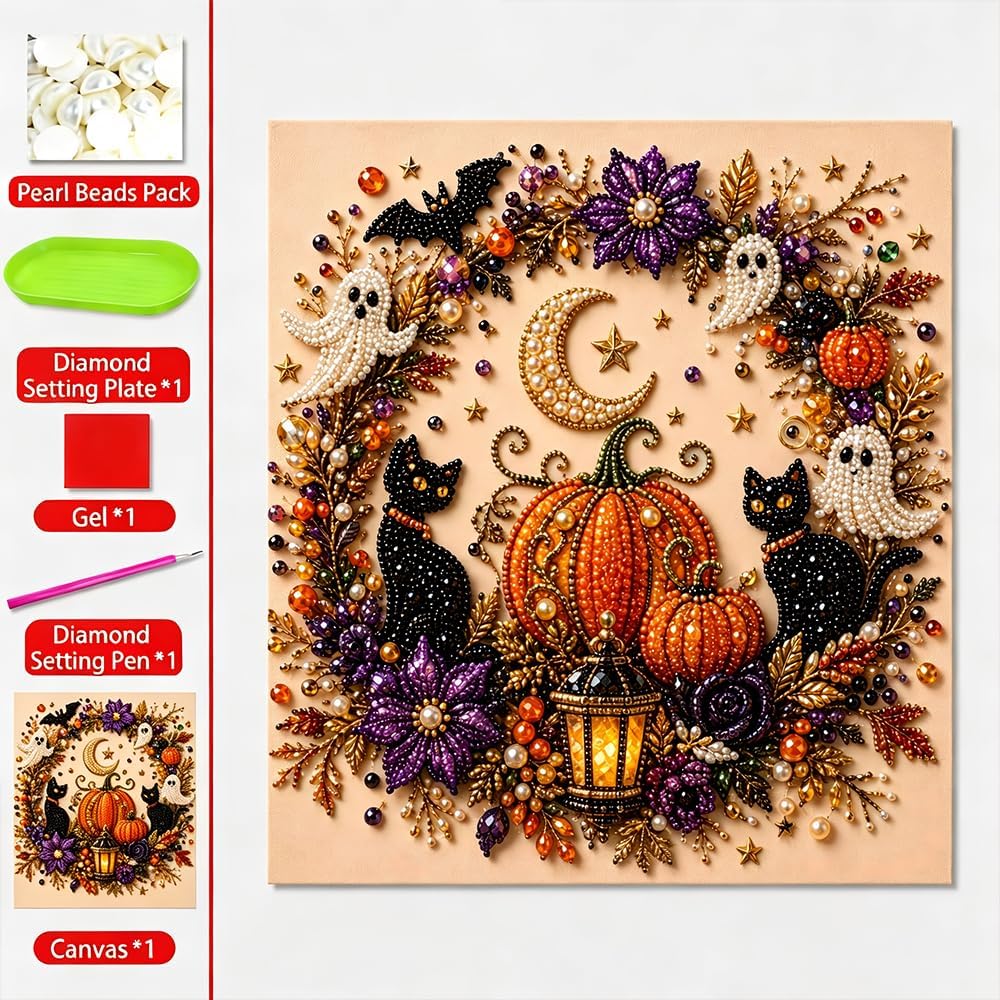 Last Day 50% OFF - Halloween Ghost Pearl Art DIY Kit, 3D Pearl Mosaic Craft Set, Beginner Friendly Handmade Pearl Painting, Cute Ghost Pumpkin Canvas Art, Gift for DIY Craft Lovers