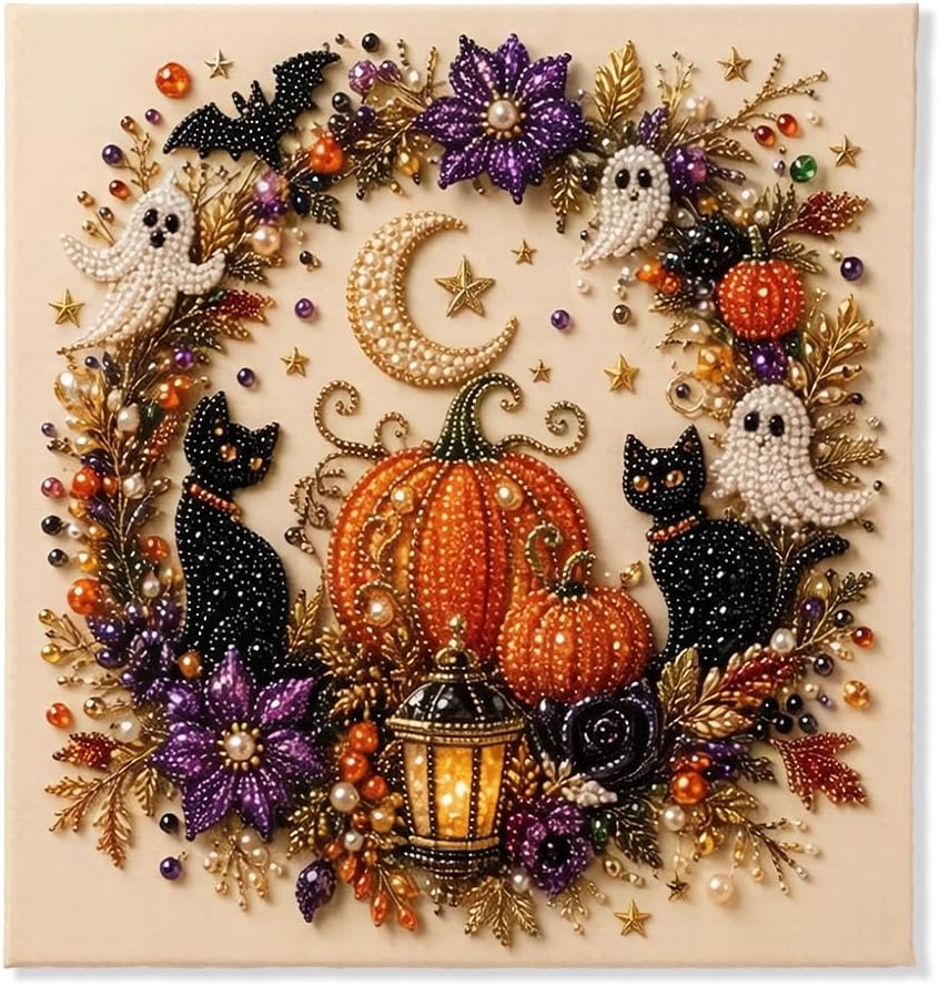 Last Day 50% OFF - Halloween Ghost Pearl Art DIY Kit, 3D Pearl Mosaic Craft Set, Beginner Friendly Handmade Pearl Painting, Cute Ghost Pumpkin Canvas Art, Gift for DIY Craft Lovers