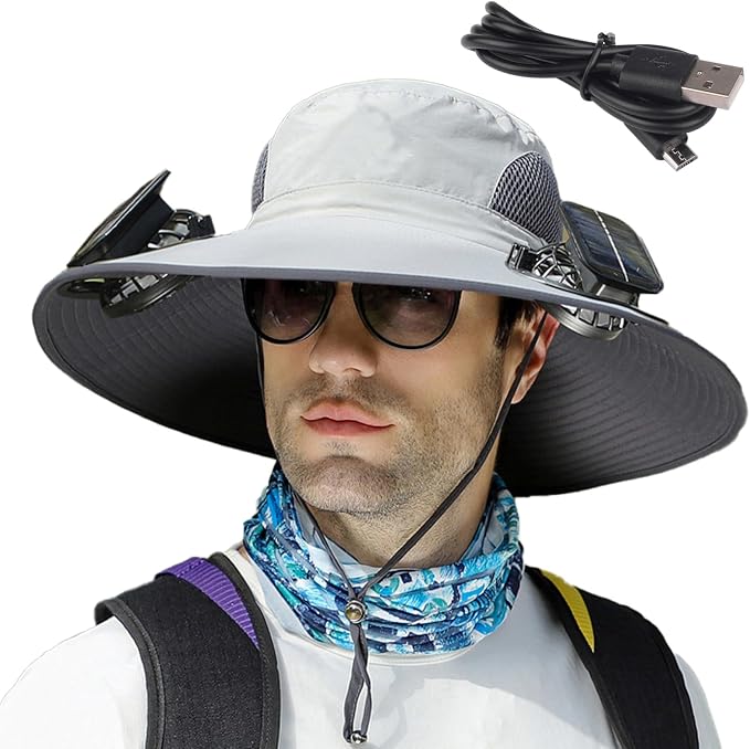 Wide Brim Sun Hat with Solar Fan, Solar Fan Hat, Men Sunscreen Sun Hats with Fans, SolarFan Outdoor