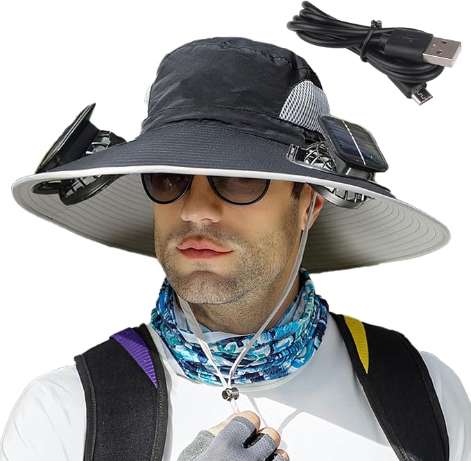 Wide Brim Sun Hat with Solar Fan, Solar Fan Hat, Men Sunscreen Sun Hats with Fans, SolarFan Outdoor