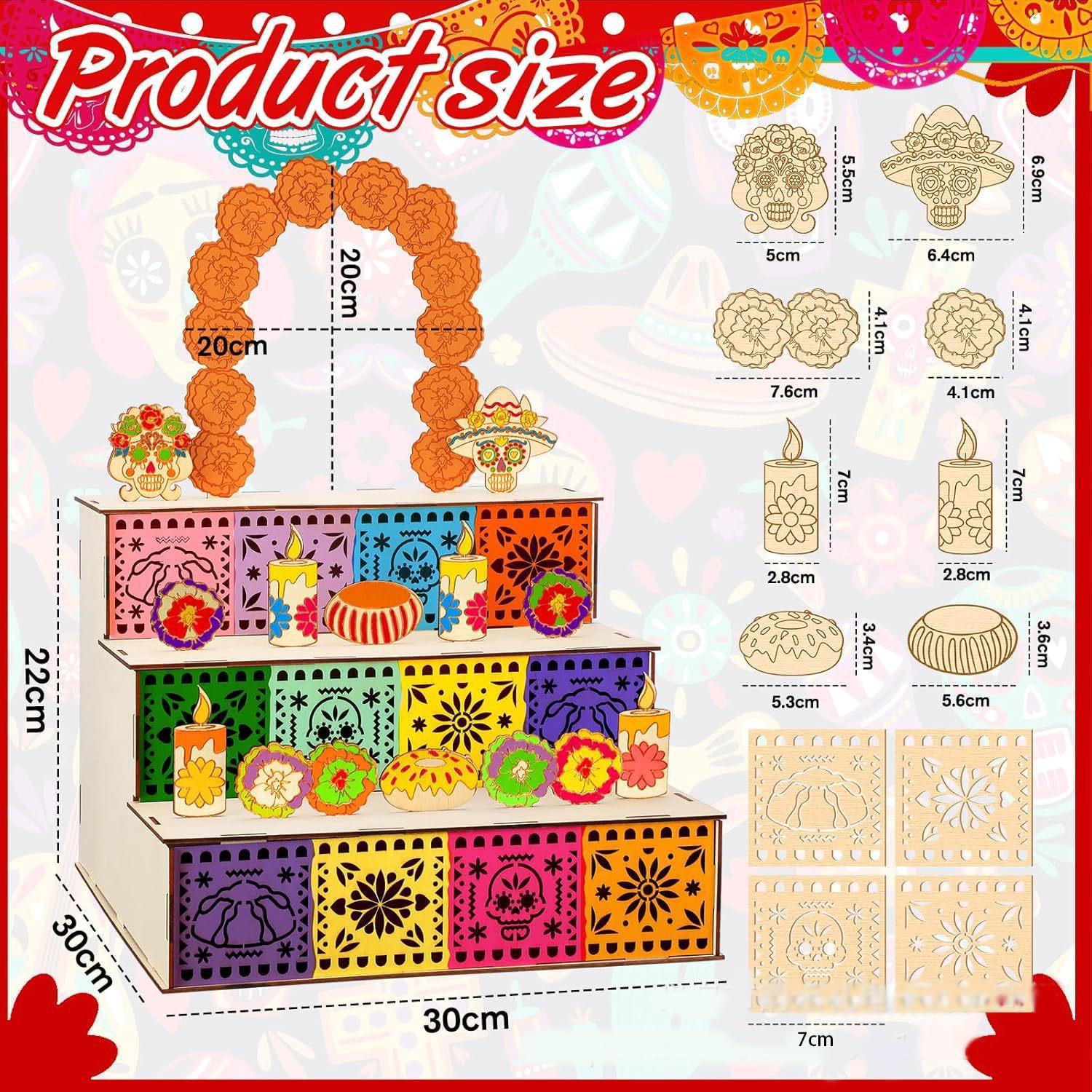 3-Tier Mexican Day of the Dead Wooden Altar Display Set - Indoor Recreation Decoration with Skull, Marigolds, Candle, Papel Picado Pieces for Photo Setup