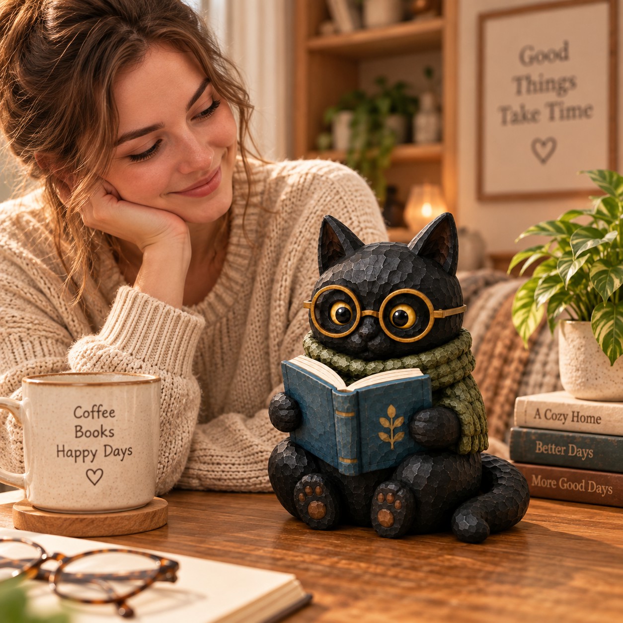 Cat Reading Book On Table Figurine Decorative Ornaments