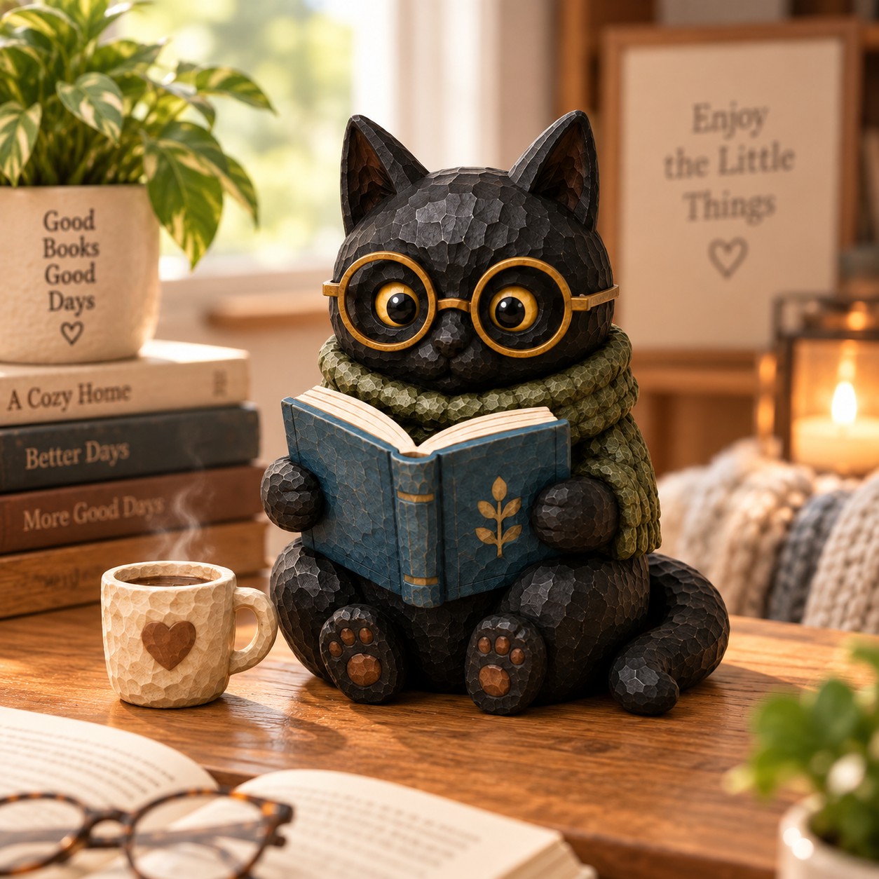 Cat Reading Book On Table Figurine Decorative Ornaments