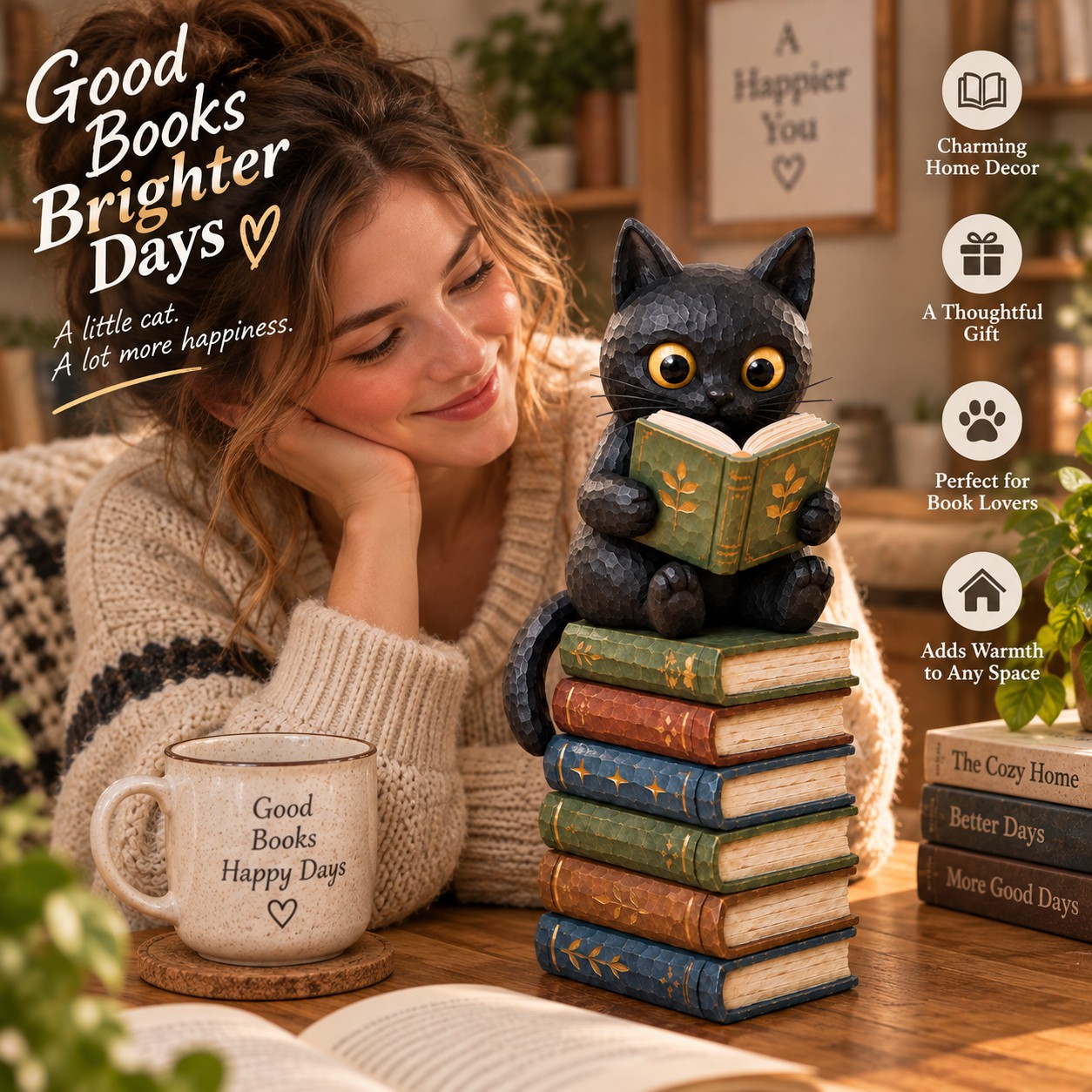 Cat Reading Book On Books Figurine Decorative Ornaments
