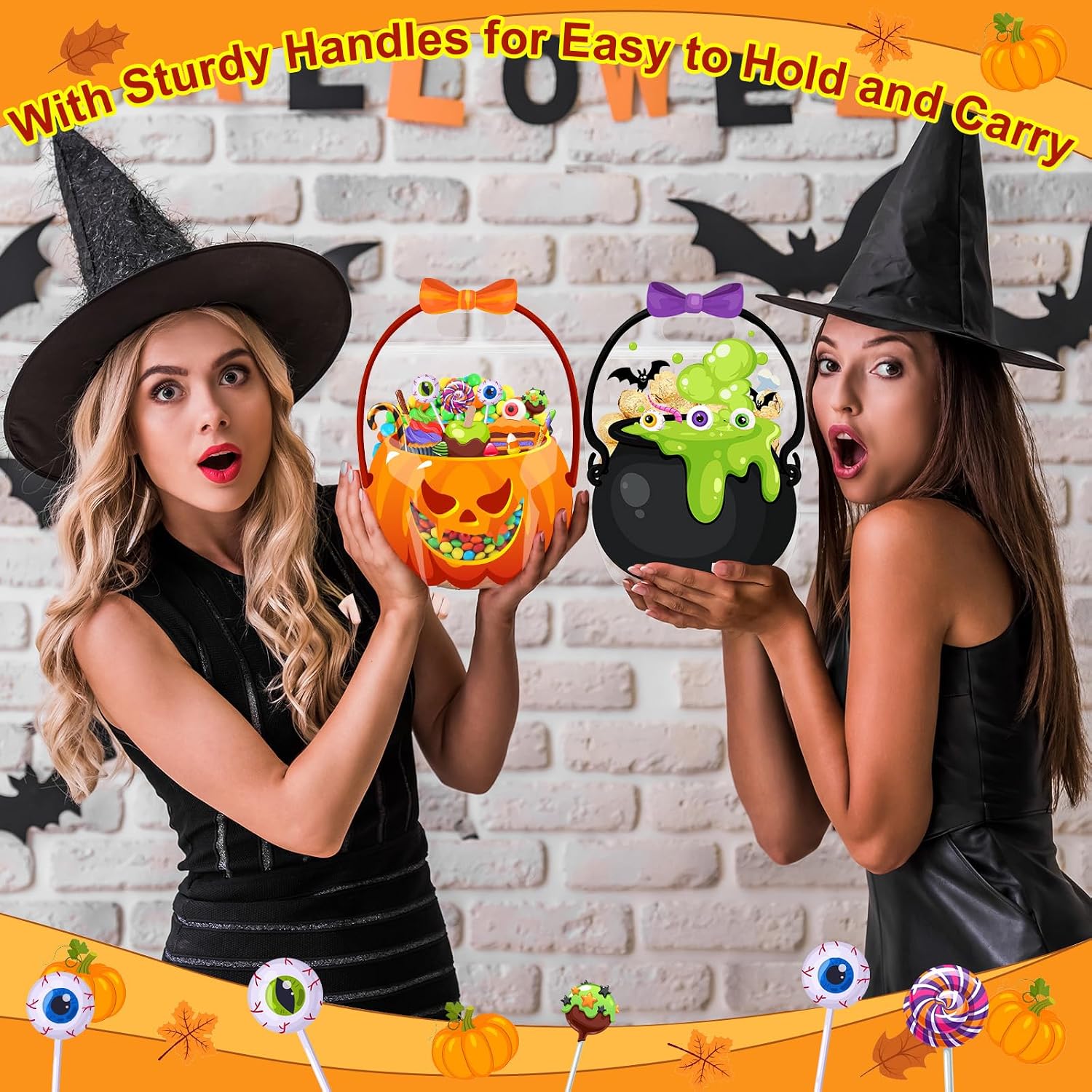 24/36/50Pcs Halloween Bags Plastic Halloween Goodie Bags with Handles Witch Cauldron Sealed Pouch Sealing Pumpkin Treat Pouch for Scary Holiday Trick or Treat Party Candy Gift Supplies Decoration