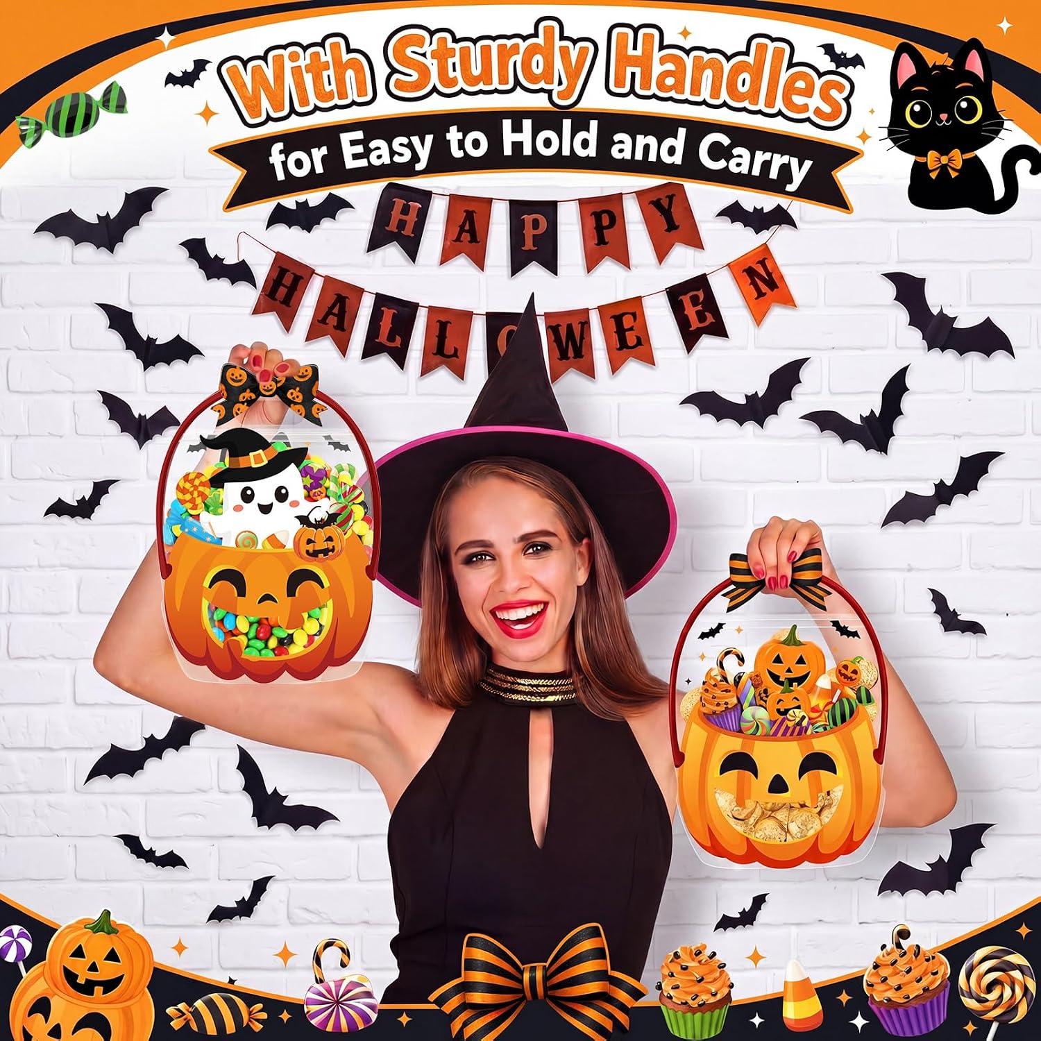 24/36/50Pcs Halloween Bags Plastic Halloween Goodie Bags with Handles Witch Cauldron Sealed Pouch Sealing Pumpkin Treat Pouch for Scary Holiday Trick or Treat Party Candy Gift Supplies Decoration