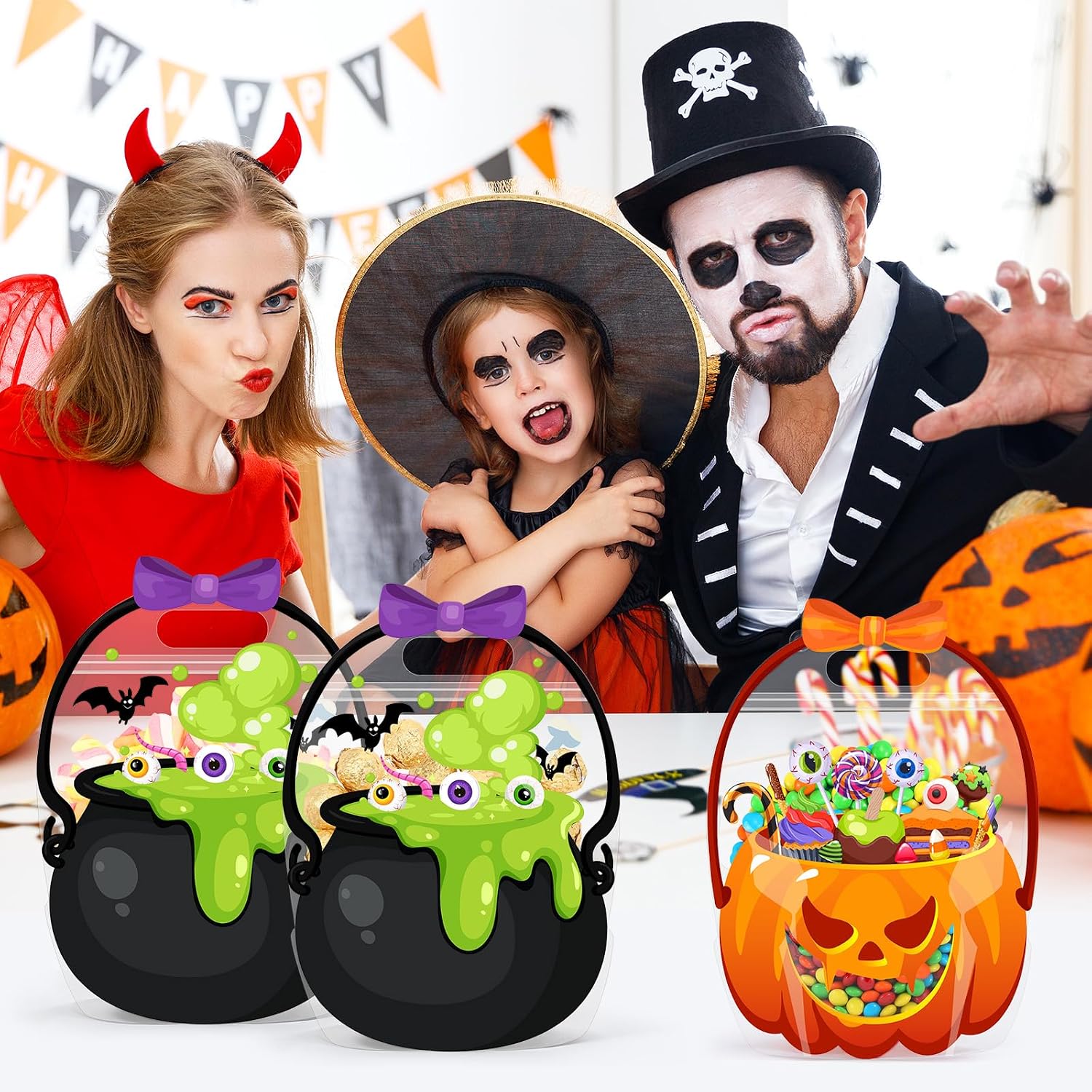 24/36/50Pcs Halloween Bags Plastic Halloween Goodie Bags with Handles Witch Cauldron Sealed Pouch Sealing Pumpkin Treat Pouch for Scary Holiday Trick or Treat Party Candy Gift Supplies Decoration