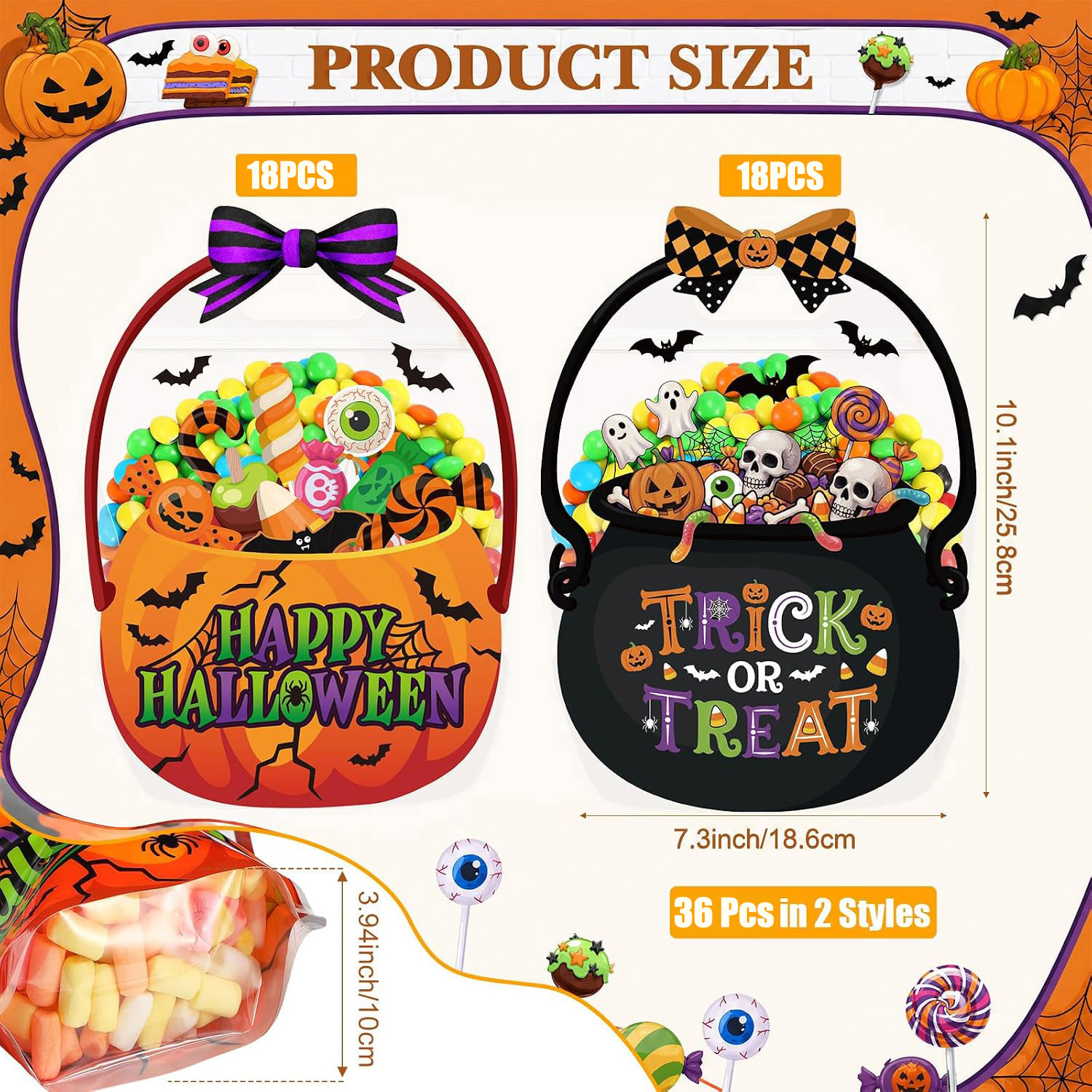24/36/50Pcs Halloween Bags Plastic Halloween Goodie Bags with Handles Witch Cauldron Sealed Pouch Sealing Pumpkin Treat Pouch for Scary Holiday Trick or Treat Party Candy Gift Supplies Decoration