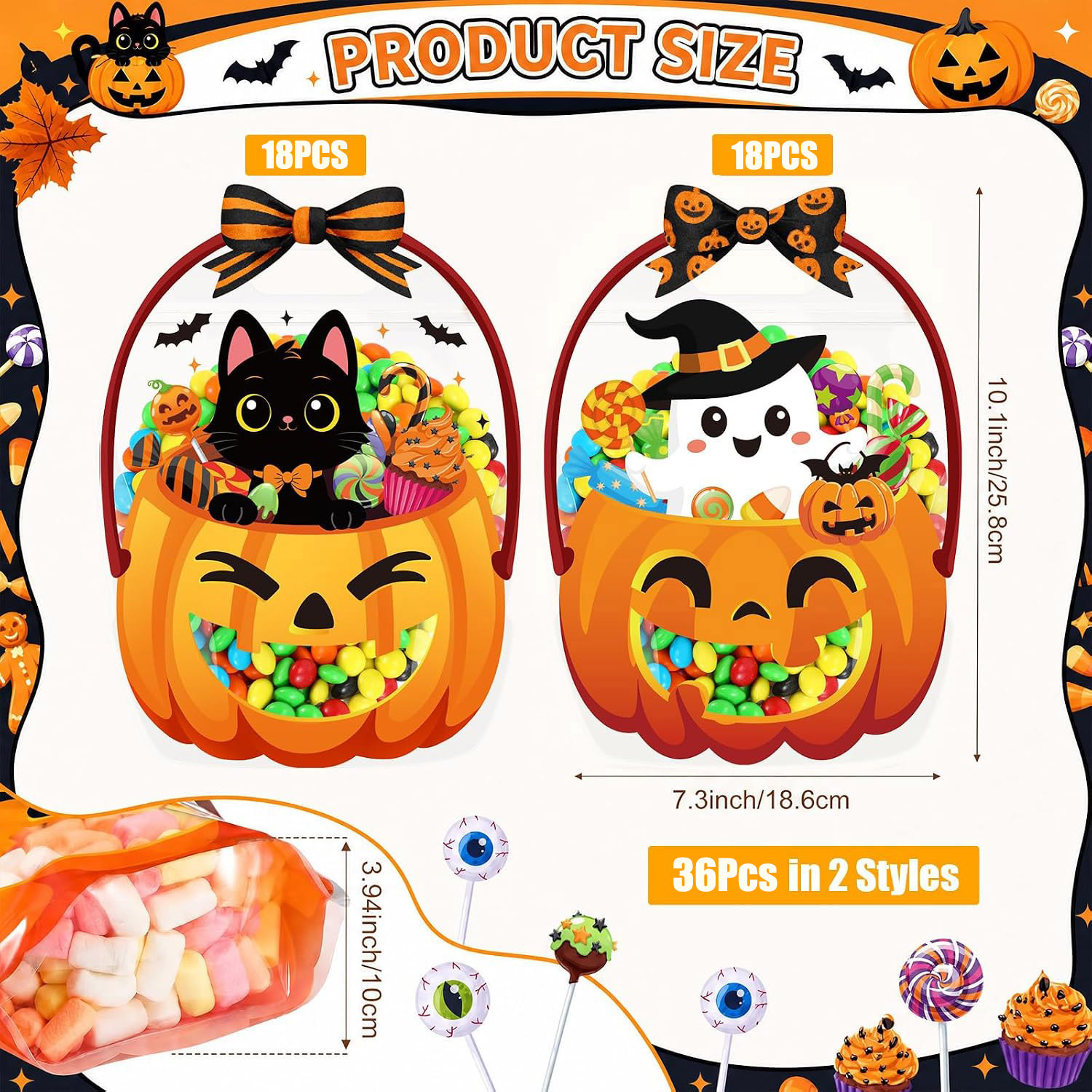 24/36/50Pcs Halloween Bags Plastic Halloween Goodie Bags with Handles Witch Cauldron Sealed Pouch Sealing Pumpkin Treat Pouch for Scary Holiday Trick or Treat Party Candy Gift Supplies Decoration
