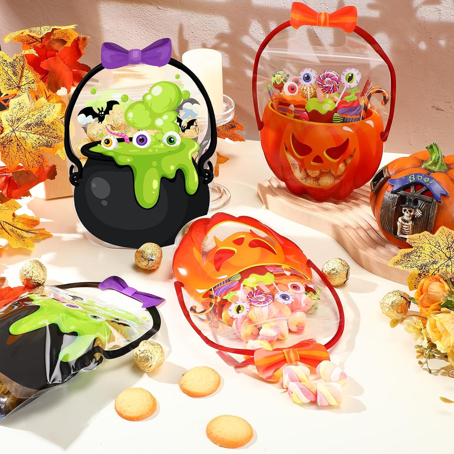 24/36/50Pcs Halloween Bags Plastic Halloween Goodie Bags with Handles Witch Cauldron Sealed Pouch Sealing Pumpkin Treat Pouch for Scary Holiday Trick or Treat Party Candy Gift Supplies Decoration