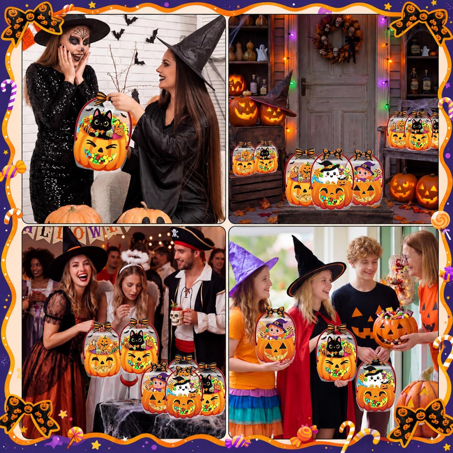 24/36/50Pcs Halloween Bags Plastic Halloween Goodie Bags with Handles Witch Cauldron Sealed Pouch Sealing Pumpkin Treat Pouch for Scary Holiday Trick or Treat Party Candy Gift Supplies Decoration