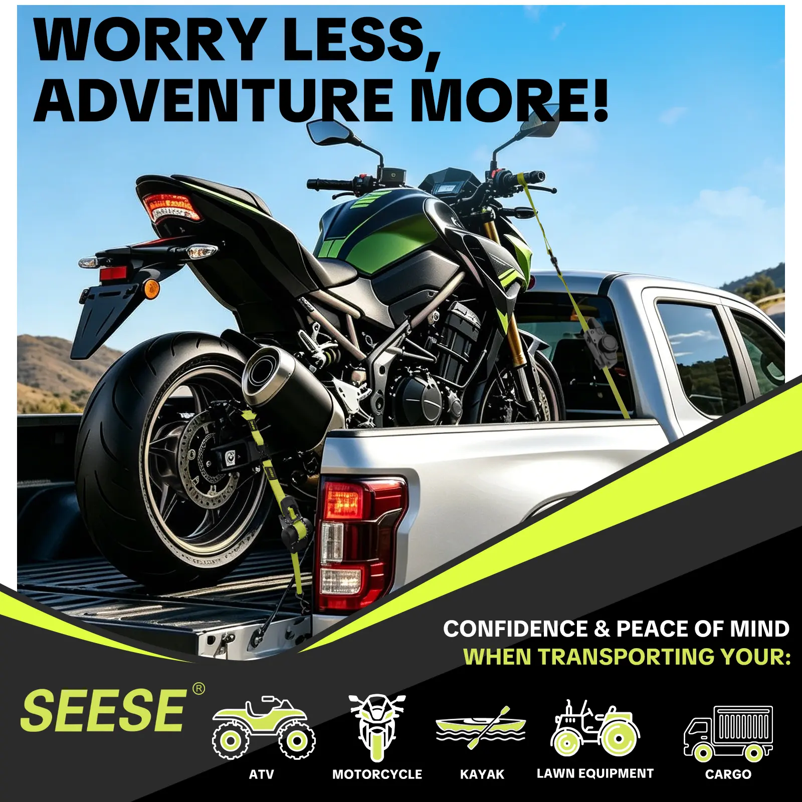 SEESE Car Tie Downs with Ratchets 1"x 11 ft-1500 LB Break Strength Cargo Straps for Moving Appliances, Lawn Equipment, Motorcycle Green