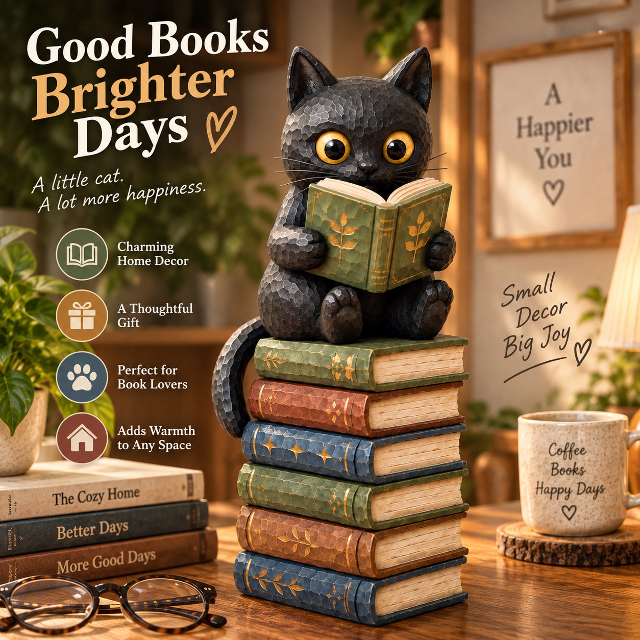 Cat Reading Book On Books Figurine Decorative Ornaments