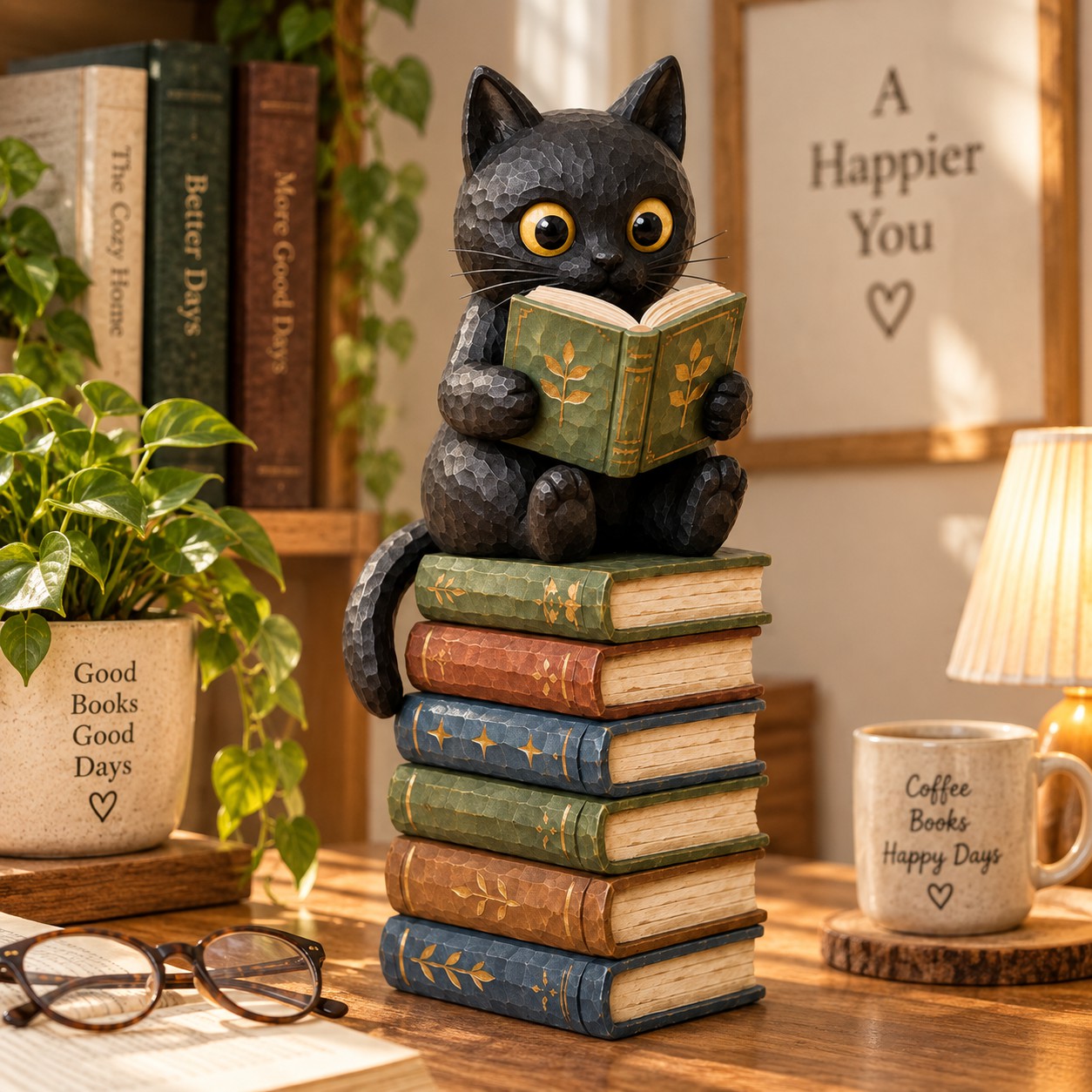 Cat Reading Book On Books Figurine Decorative Ornaments