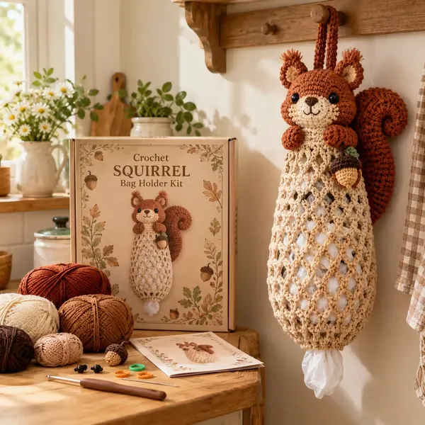 Ifchooseu - 🧶Crochet 🐿️ Acorn Squirrel Bag Holder DIY Kit – Cute & Functional Hanging Storage Craft Kit