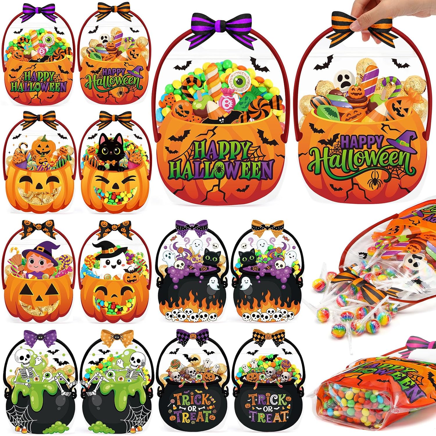 24/36/50Pcs Halloween Bags Plastic Halloween Goodie Bags with Handles Witch Cauldron Sealed Pouch Sealing Pumpkin Treat Pouch for Scary Holiday Trick or Treat Party Candy Gift Supplies Decoration