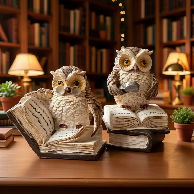 Ifchooseu- 2 Resin Owl Reading Book Home Decor Ornaments, Holiday Gift, Bonsai Decoration