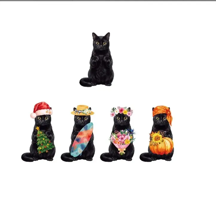Pet Sign Gift Decor Cat Ornaments Wooden Sign Cat Desk Decor Interchangeable Pet Decor with Magnet Detachable Hats for Halloween/Christmas Autumn Holiday Seasonal Birthday Party, Gift for Pet Owning Families and Cat Lovers
