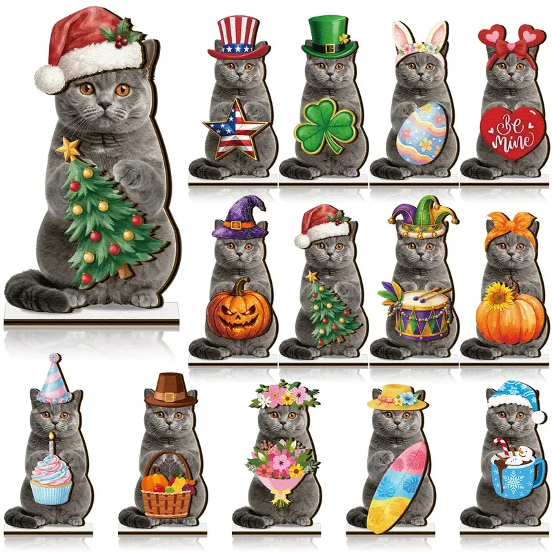 Pet Sign Gift Decor Cat Ornaments Wooden Sign Cat Desk Decor Interchangeable Pet Decor with Magnet Detachable Hats for Halloween/Christmas Autumn Holiday Seasonal Birthday Party, Gift for Pet Owning Families and Cat Lovers