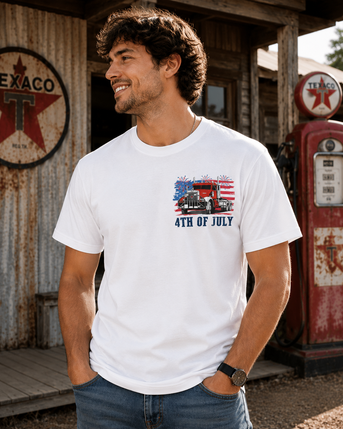 Patriotic Big Rig Graphic T-Shirt – Vintage American Trucker Independence Day Tee