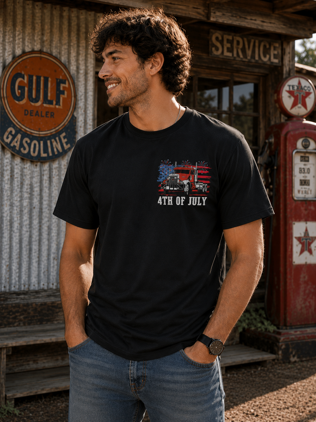 Patriotic Big Rig Graphic T-Shirt – Vintage American Trucker Independence Day Tee