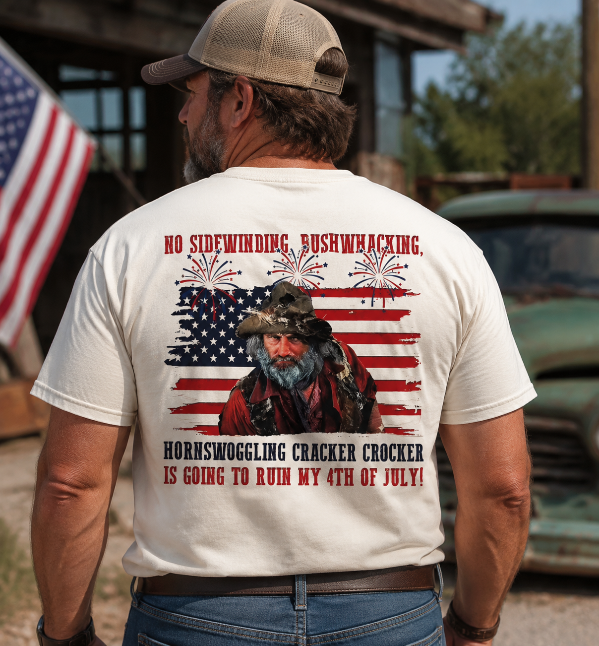 Patriotic Mountain Man Graphic T-Shirt – Vintage Americana Fourth of July Tee