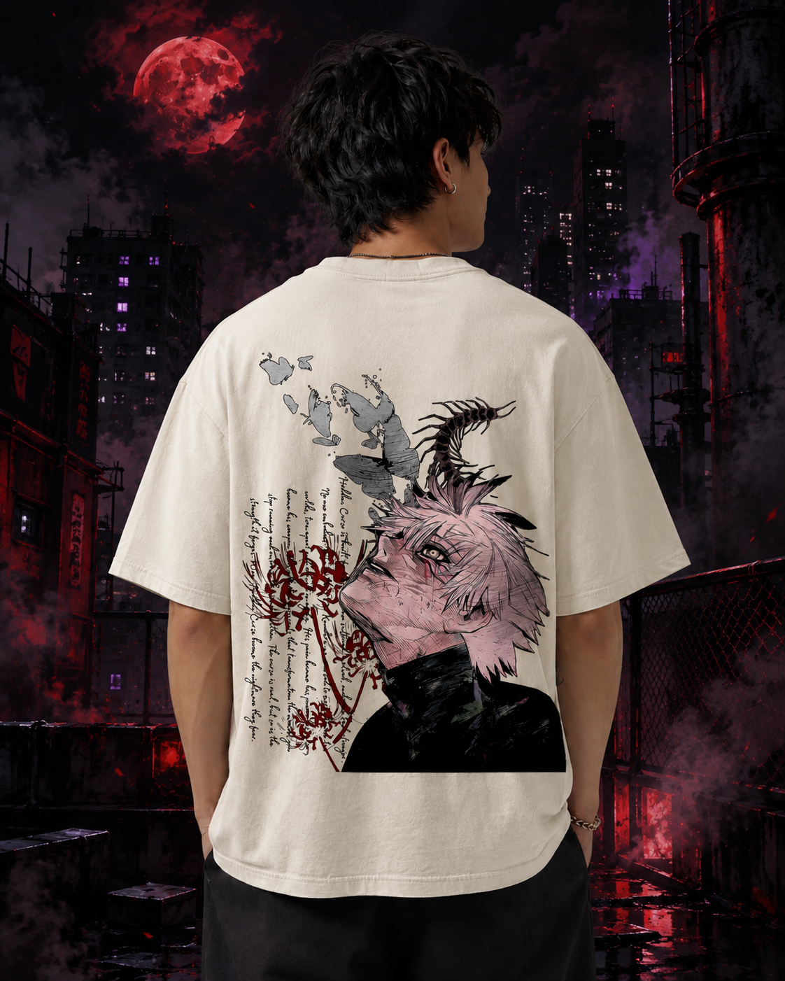 Dark Anime-Inspired Graphic Tee – Streetwear Washed Vintage Oversized T-Shirt
