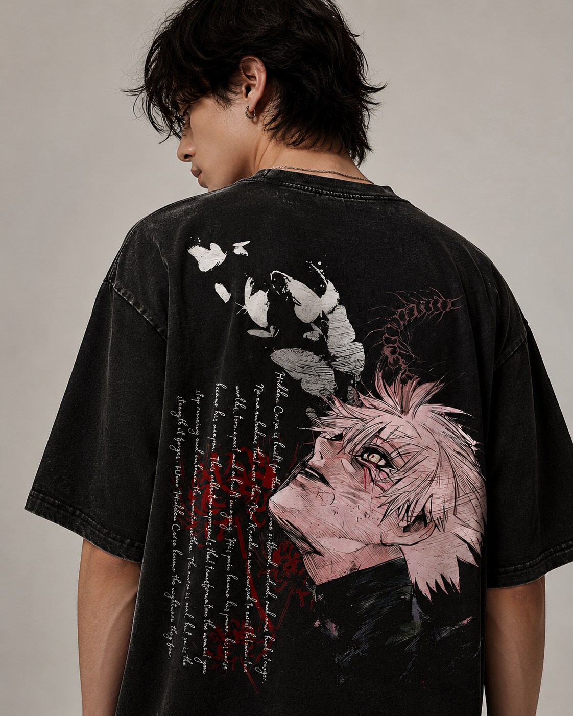 Dark Anime-Inspired Graphic Tee – Streetwear Washed Vintage Oversized T-Shirt