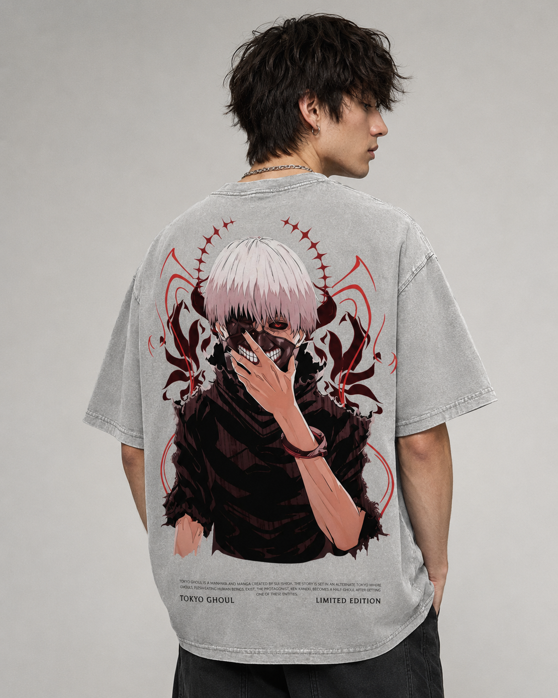 Washed Vintage Dark Street Graphic Tee – Masked Warrior Back Print T-Shirt
