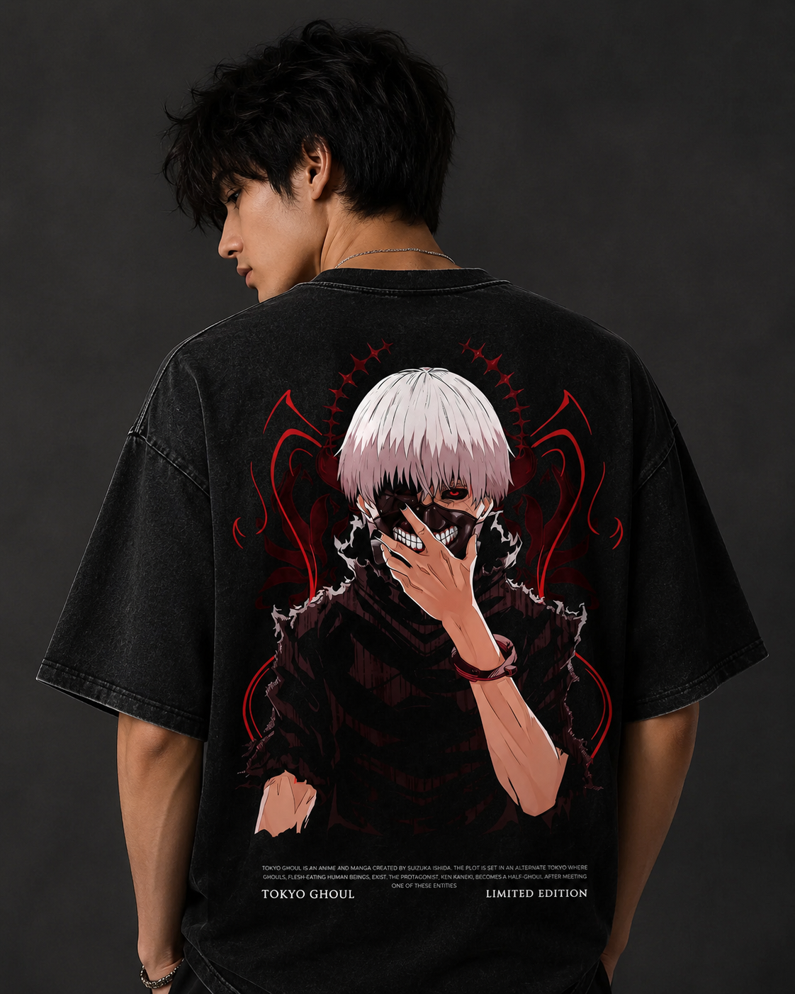 Washed Vintage Dark Street Graphic Tee – Masked Warrior Back Print T-Shirt