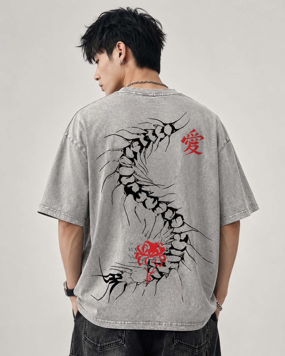 Tokyo-Inspired Shadow Graphic Tee – Washed Vintage Anime Street Style Shirt