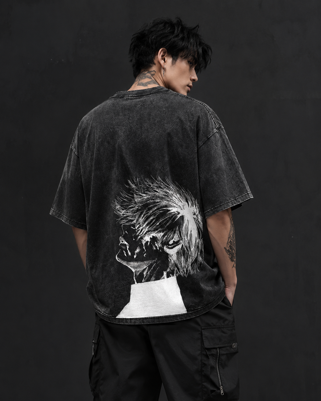 Grunge Anime-Inspired Graphic Tee – Cursed Eye Masked Warrior Oversized T-Shirt